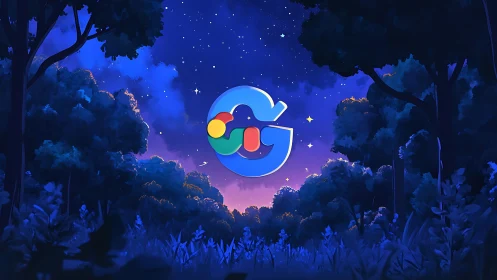 Glowing letter G icon floats over stylized night forest