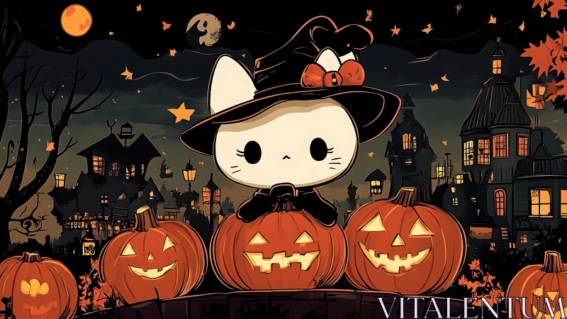 Cute cat character in witch hat standing on jack-o-lanterns with haunted houses