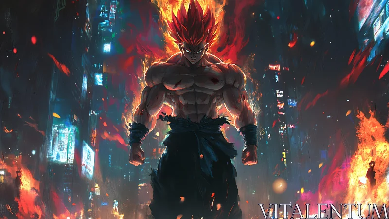 Flaming warrior ascends amid neon wreckage of burning city.