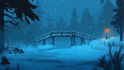 Snowy wooden bridge glows softly under a lone lamppost.