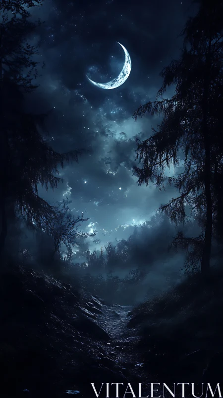 Crescent moonlight guides a misty forest path at midnight