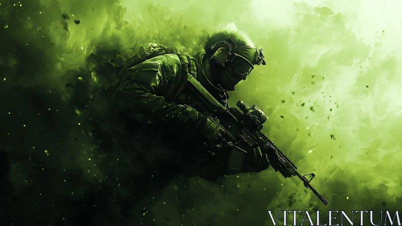 Tactical operator advances through luminous toxic-green fog