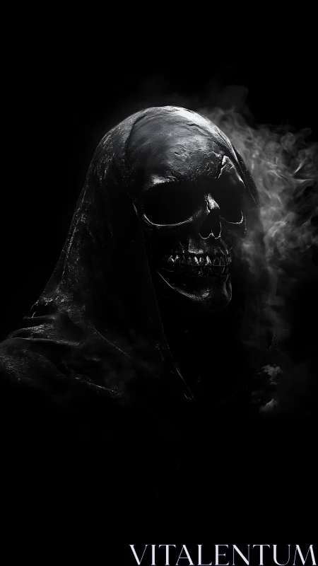Midnight reaper shrouded in smoke and shadowed silence.