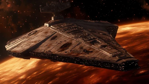 Massive imperial warship glides above volatile molten planet