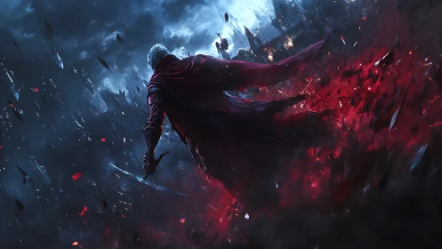 Crimson‑cloaked warrior in stormlit ruin, dynamic charge.