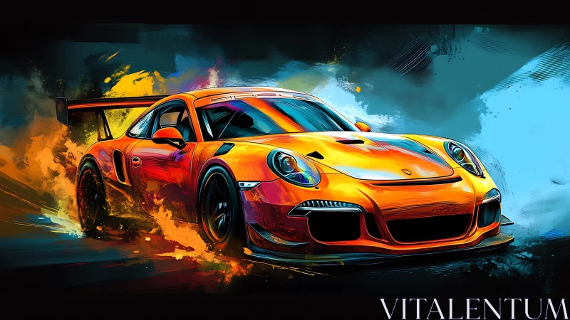 Orange race car speeds through abstract fiery backdrop