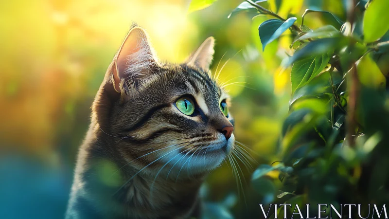 Striped Tabby Cat with Amber-Teal Eyes Among Verdant Foliage