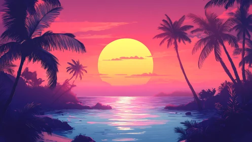 Neon sunset lagoon where tropical palms sip molten light.