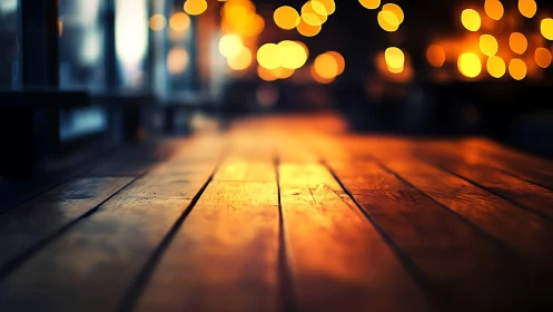 Golden bokeh lights dancing above a quiet wooden floor.