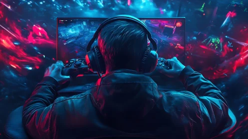 Immersive neon gamer at monitor in glowing cyber realm.