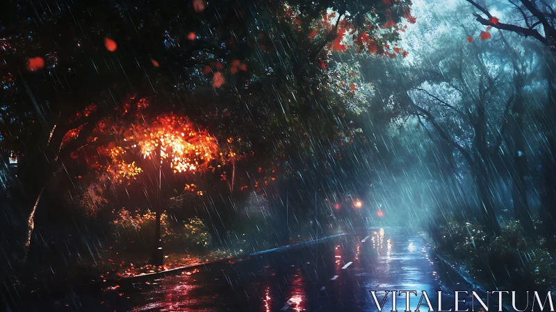 Street scene shows wet roadway, trees and lamppost lighting