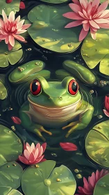 Bright-eyed pond frog resting among dreamy water lilies.
