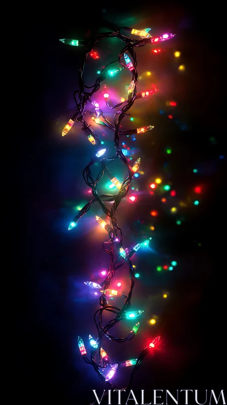 Vertical strand of multicolored LED fairy lights against black