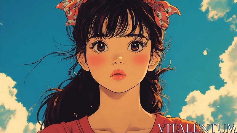 Sunlit anime girl with red ribbon beneath vivid blue sky.