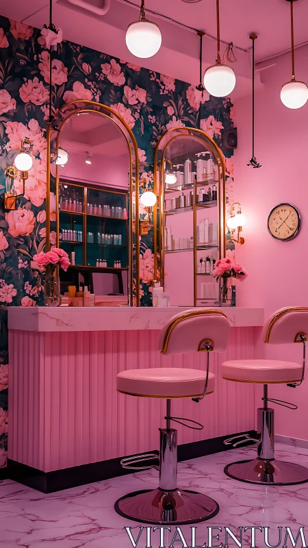 Pink floral salon interior with mirrors and marble counter.