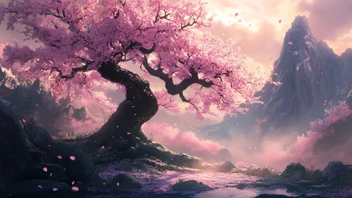 Cherry blossom tree beside stream in misty mountain valley.