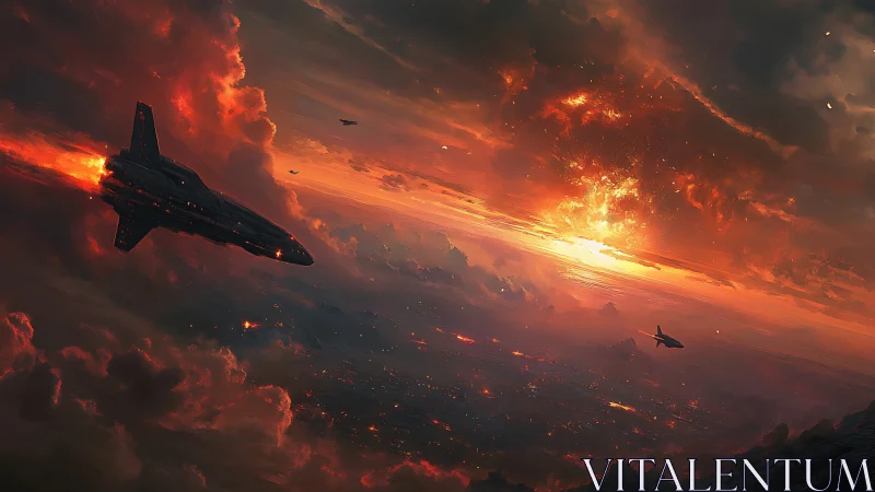Military Spacecraft Against Apocalyptic Firestorm Cloudscape.
