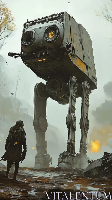 Lone wanderer confronts towering mech in war-torn ruins