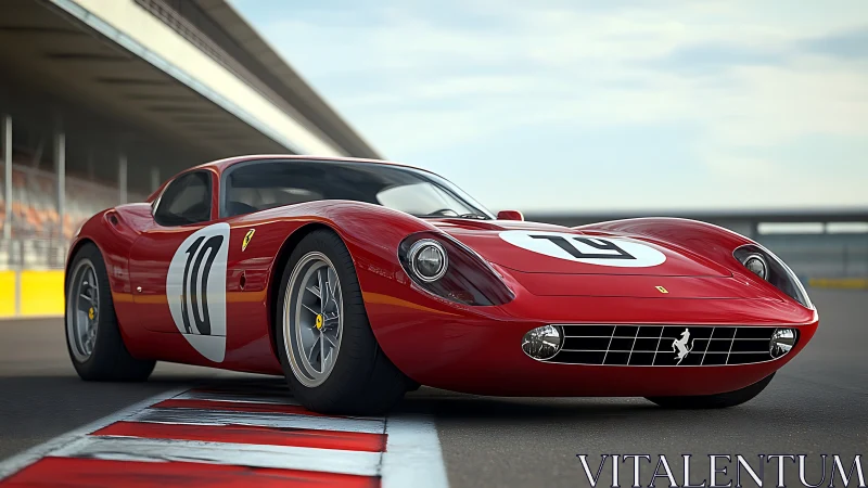 Red vintage race car sits on curbing at modern racetrack