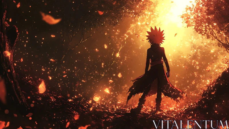 Ember-crowned wanderer facing a blazing autumn gateway.