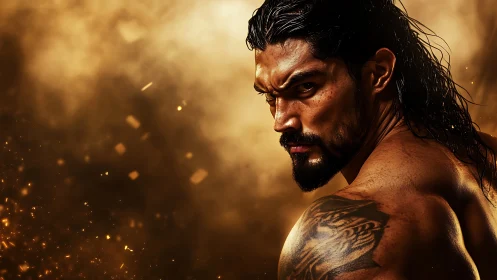 Tattooed warrior in cinematic golden ember storm portrait.
