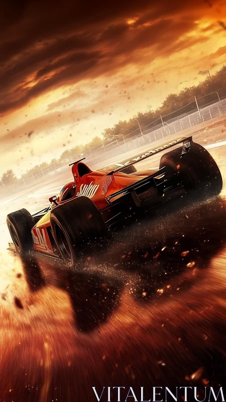 Roaring red race car powers through a fiery sunset track