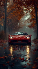 Scarlet supercar prowls a misty amber autumn roadway.