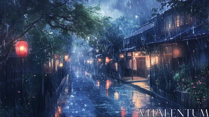 Rain-soaked lantern street reflects neon dusk glow.