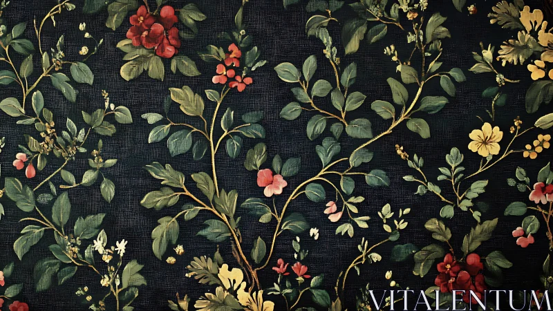 Vintage dark floral wallpaper with winding green foliage.