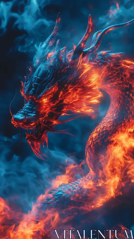 Fiery dragon spirit coils through glowing blue smoke