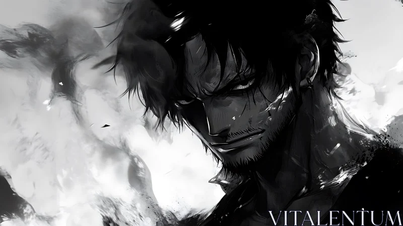 Storm-eyed rogue rising from ink and wildfire shadows.