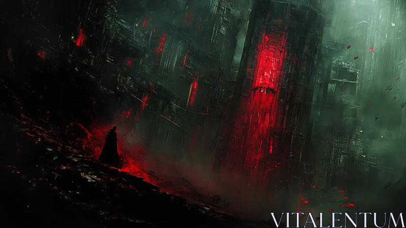 Crimson monolith hums while a lone wanderer measures its glow