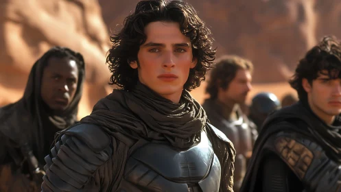 Photorealistic desert warriors in layered tactical armor.