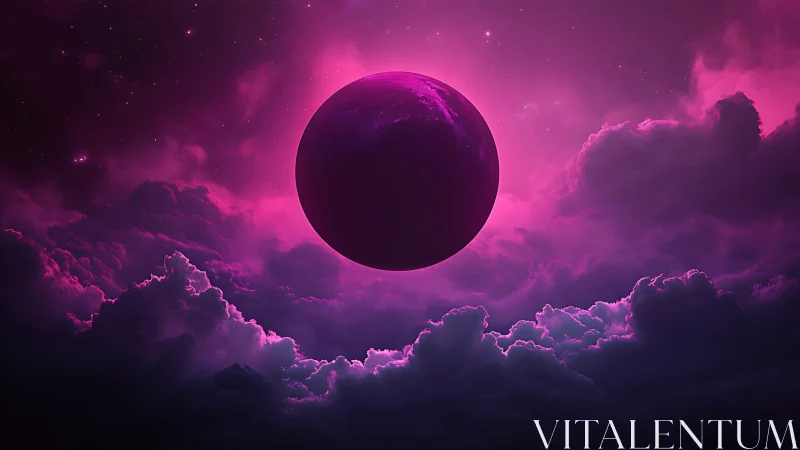 Velvet eclipse drifting above neon-lit cosmic clouds.