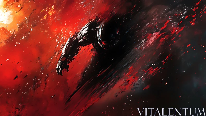 Void-charged armored specter tearing through scarlet cosmos.