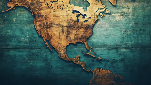 Textured North America map over distressed teal wood