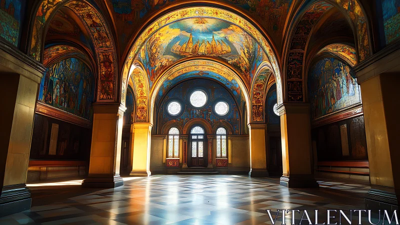Sunlit mosaic hall where painted heavens crown the arches.