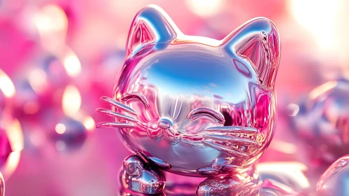Shiny Glass Cat Figurine in Pastel Pink Dreamy Background.