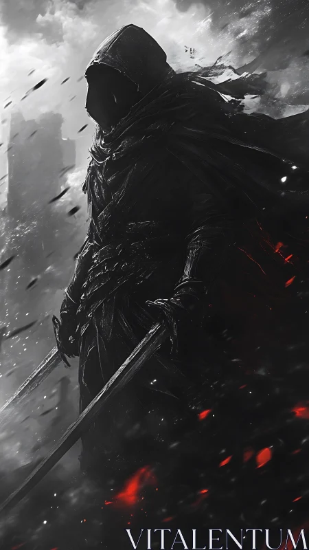 Hooded shadow warrior strides through storm and embers