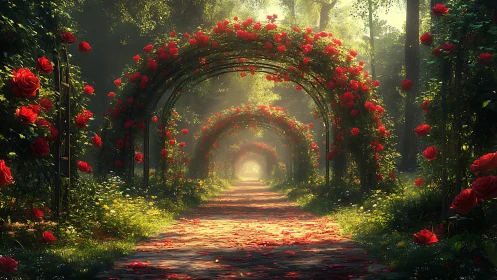 Sunlit rose arches over forest path in bloom.