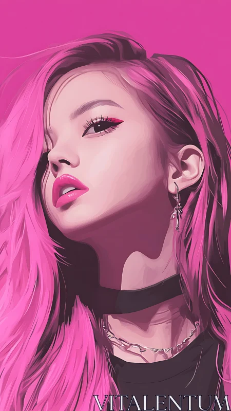 Neon pink rebel queen with fierce gaze and glossy glamour.