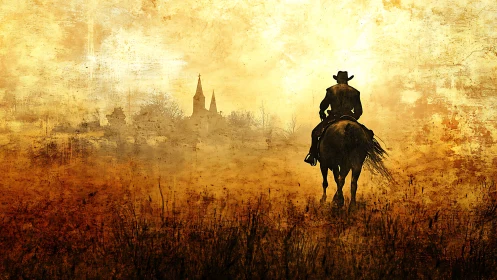 Lone cowboy on horseback riding toward distant village.