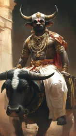 Horned warrior king rides sacred black bull through city