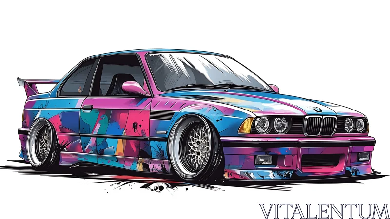 Illustrated BMW coupe with multicolor body kit on white field.