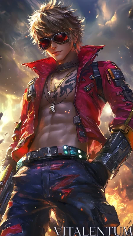 Red-jacketed cyberpunk male with visor in fiery setting.
