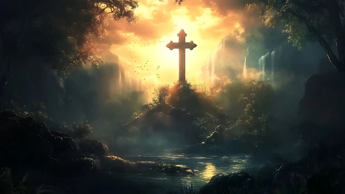 Stone cross on forest hill with backlit waterfalls at dusk.