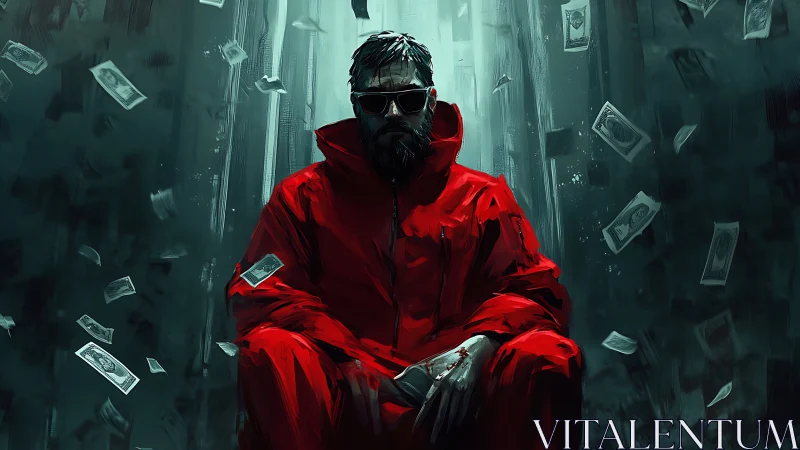 Man in red jumpsuit seated amid falling banknotes.
