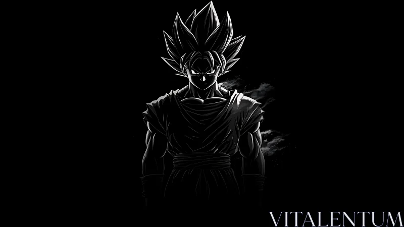 Silhouetted spiky haired warrior in stark monochrome profile.