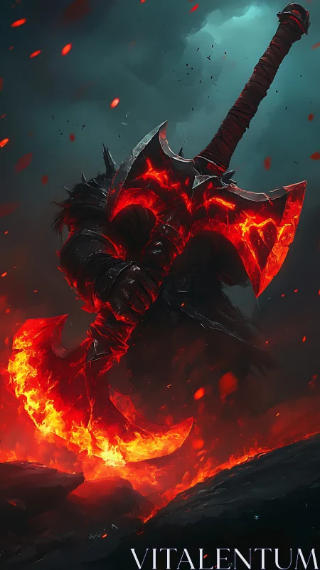 Hellforged battle axe in infernal warrior key art composition.