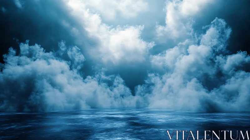 Dense cloud formations hover symmetrically above calm water